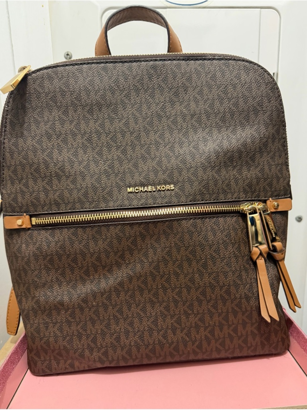 Michael Kors Brown and Tan Signature MK Backpack